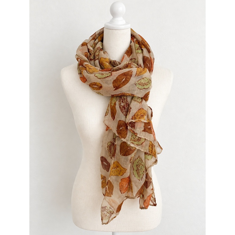 Autumn Leaves Lips Lightweight Gauze Scarf 72x38 Whimsical Earthy Boho Artsy